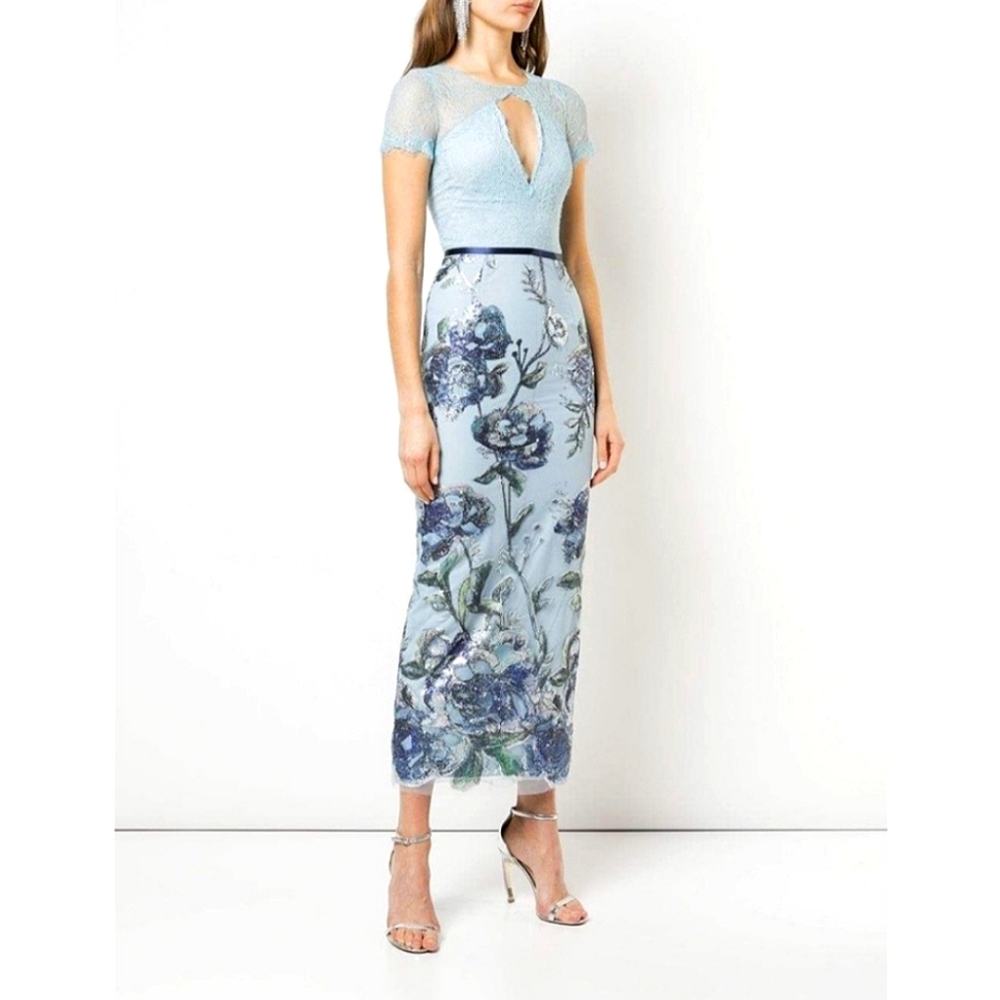 Marchesa Notte Floral Sequin Artwork Dress - Icy Robin Blue Mother Of The Bride